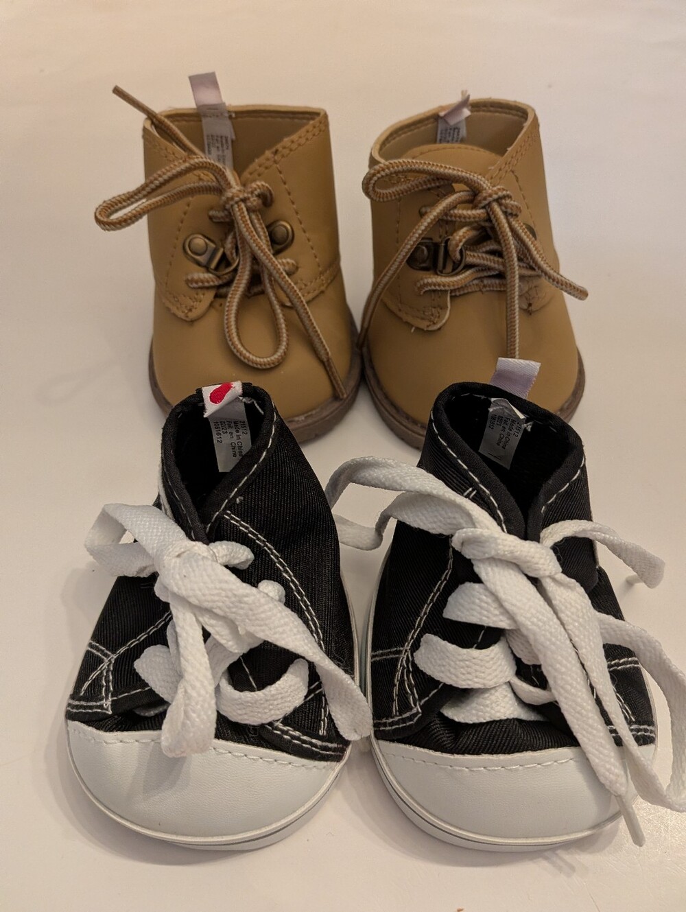 2 Pair Build A Bear Shoes Tan Work Boots And Black And White Tennis Shoes